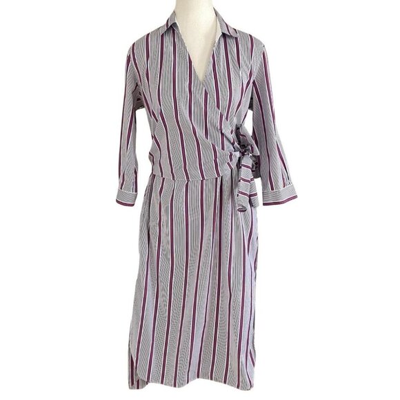 LE SARTE PETTEGOLE 100% COTTON WHITE BLUE RED STRIPED WRAP SHIRT DRESS - XS (40) - Picture 1 of 12